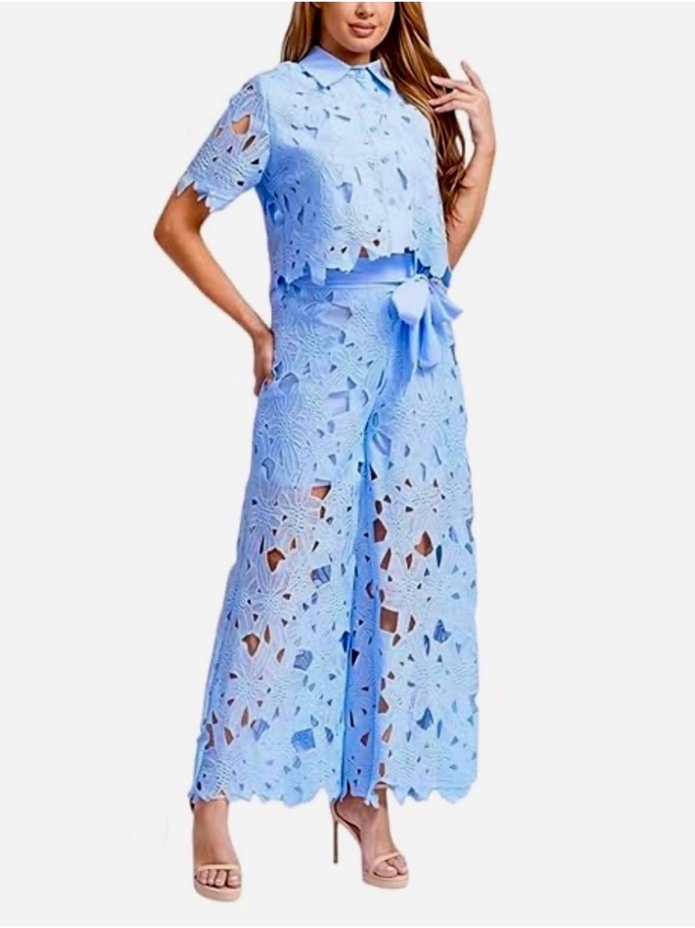 Exquisite Floral Embroidered Hollow Lace Wide-Leg Pants & Top Set Light Blue XL